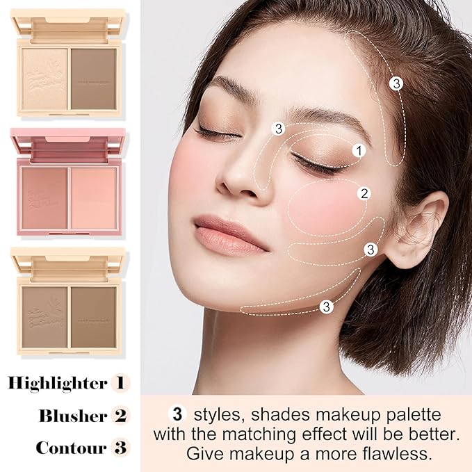 Boobeen Highlighter Contour Makeup Palette Face Matte Bronzer Powder, Compact Contouring Blush for Cheeks, Natural Long Lasting with Brush-VivaGrace Women