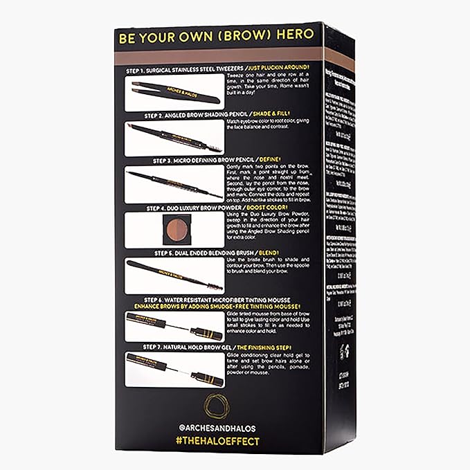 Arches & Halos - Ultimate Brow Hero Kit - Eyebrow Styling Makeup Kit, Pencil, Gel, Shading, Powder, Mousse, Natural and Bold Precise Brow Shaper - Hypoallergenic, Vegan - 7 Pc Kit, Medium-VivaGrace Women