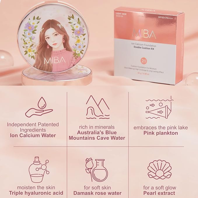 MIBA Ion Calcium Foundation Double Cushion RX 25 g / 0.88 oz Big Cushion SEASON 2 Long Lasting Effect for Dewy Skin. Skin moisturizing. Skin tightening relief. Fine coverage. Smooth adhesion (No 21)-VivaGrace Women