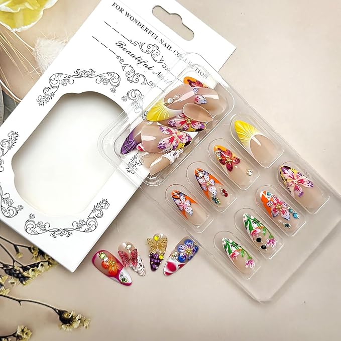 24Pcs Colorful Flower Press on Nails Medium Almond Handmade Fake Nails with 3D Butterfly Rhinestones Design Cute Full Cover Artificial Glue on Nails Hawaii False Nails Summer Stick on Nails for Women