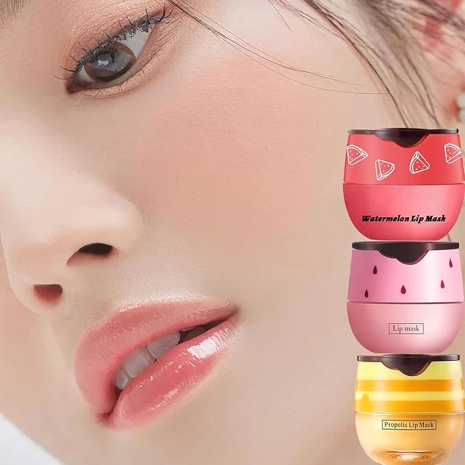 3 PCS Bee Lip Balm Lip Mask Honey Pot, Honey & Strawberry & Watermelon Lip Mask Overnight Propolis Moisturizing Lip Balm with Stick, Hydrating Repair Lip Sleeping Mask,Prevention Dry & Cracked-VivaGrace Women
