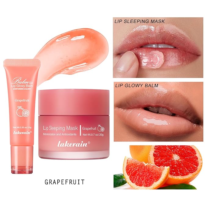2Pcs Lip Glowy Balm and Lip Sleeping Mask Set, with 4 Flavor Options - Reduce Lip Lines, Enhance Lip Color, Hydrate & Plump Dry Chapped Lips Care (Grapefruit)-VivaGrace Women