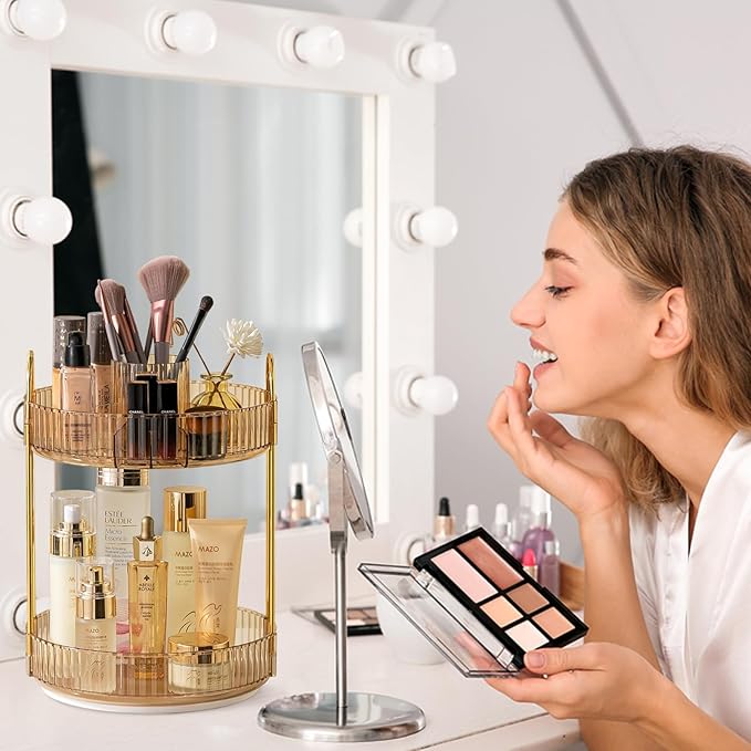 Rotating Makeup Organizer for Vanity, High-Capacity Skincare Clear Make Up Storage Perfume Organizers Cosmetic Dresser Organizer Countertop 360 Spinning (Gold, New-2 Tier)