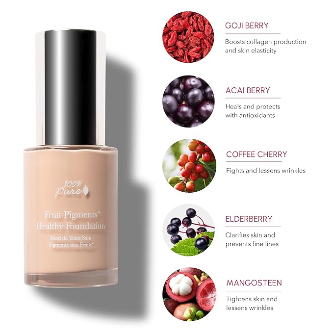 100% PURE Healthy Foundation Full Face Coverage Makeup, Liquid Matte Finish with Anti-Aging Benefits - Vegan Gorgeous Fruit Pigmented White Peach Color (Light with Warm Undertone) - 1 Fl Oz-VivaGrace Women