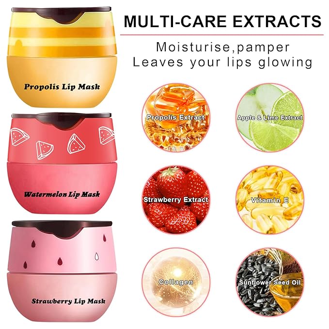 3Pcs Lip Balm Honey Pot with Stick, Honey Strawberry Apple Moisturizing and Hydrating Sleeping Lip Mask, Day and Night Repair and Care, Improve Lip Color, Reduce Lip Lines (SET B)-VivaGrace Women