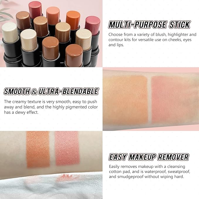 2 Pcs Cream Blush Stick Makeup Kit, Natural Shimmer & Matte Stick Blush Wand for Cheeks, Lightweight Blendable Silky Cream Blush Makeup -Matte Blush (#02 Soft Pink #03 Coral Orange)-VivaGrace Women