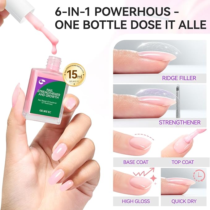 gelike ec Protein Nail Growth and Strengthener Polish: Milky Pink 15ml Natural Nail Strengthener for Weak and Damaged Nails - Protein Nail Hardener for Home Salon Outdoor