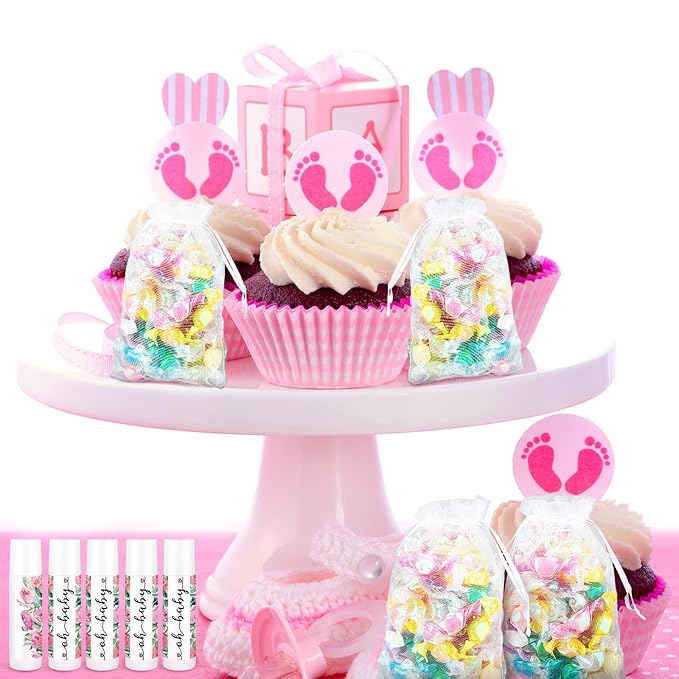 Demissle 50 Pcs Baby Shower Lip Balm Gift Set with 100 Pcs Organza Bags Baby Shower Party Favor for Guest Thank You Tag Rope Baby Shower Party Decoration Gender Reveal Souvenirs(Watercolor Flower)-VivaGrace Women