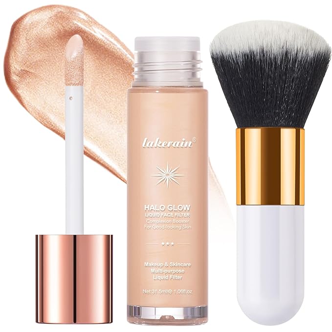 Natural Glow Liquid Filter Makeup, Longwear Face Luminizer, Complexion Booster For Any Part of the Body, Liquid Highlighter with Brush Kit, Infused Hyaluronic Acid, 1.06 fl oz (#03 LIGHT/MEDIUM)-VivaGrace Women