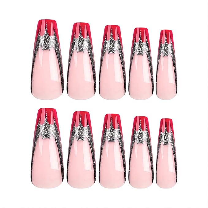 Long Press on Coffin Fake Nails with Glue - French Red Tip Acrylic False Nails with Glitter Bat Designs - Pink Full Cover Artificial Press Ons Bling Stick on for Women