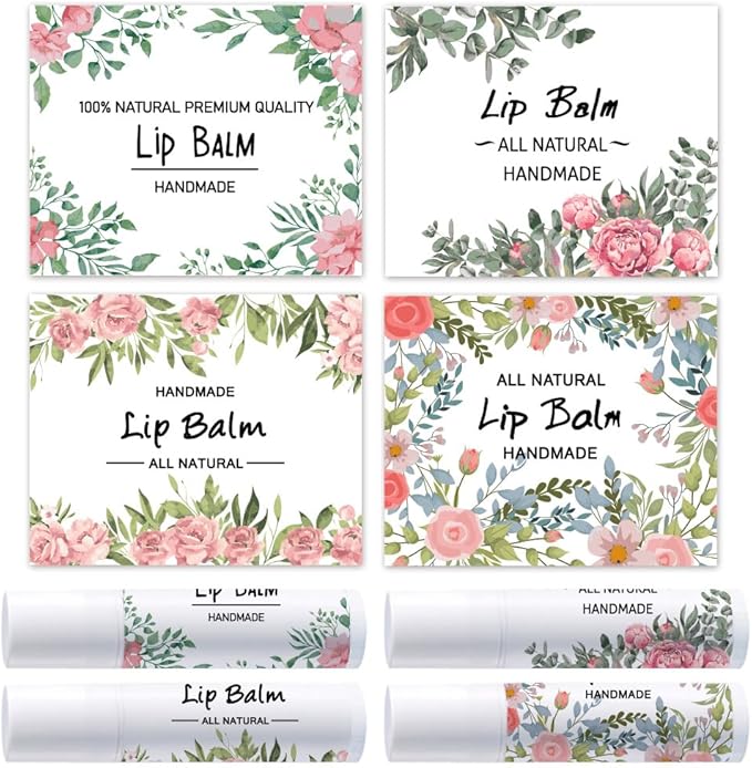 OLYCRAFT 100Pcs 4 Style Lip Balm Label Sticker Flower Pattern Labels Stickers Adhesive Lip Balm Label Sticker Plastic Lipstick Tag Stickers for Lip Balm Container Tubes 1.7x2.1 inch-VivaGrace Women