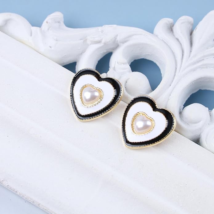 Vintage Pearl Heart Stud Earrings Enamel Heart Earrings Heart Love Earrings White Minimal Earrings Jewelry for Women-VivaGrace Women