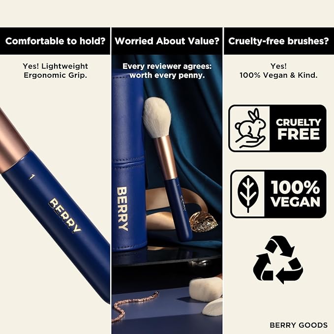 BERRY Blue Premium Makeup Brush Set – 12-Piece Professional Ultra-Soft Synthetic Brushes for Face & Eyes | Foundation, Powder, Blush, Concealer, Eyeshadow – Vegan, Cruelty-Free, Numbered, Travel Case-VivaGrace Women