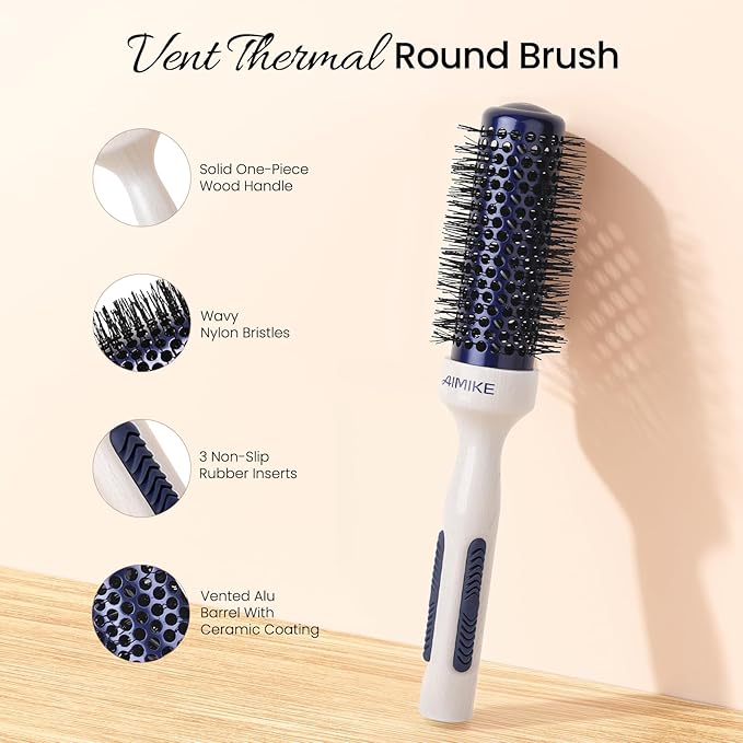 AIMIKE Nano Ionic Tech Small Round Brush, Ceramic Round Brush for Blow Drying, Styling and Boost Volume, Natural Wood Round Hair Brush, One Piece Design - 1.4 Inch/35mm-VivaGrace Women