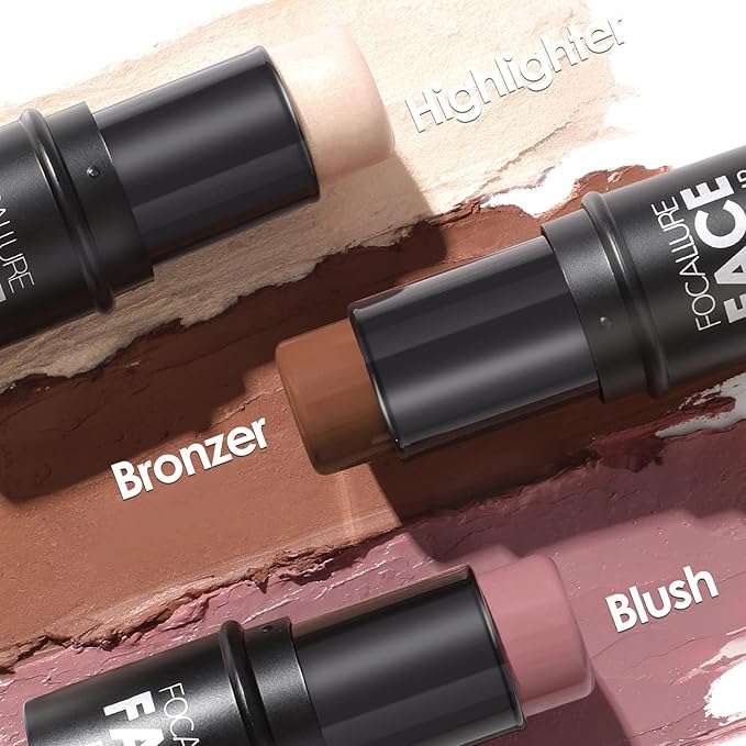 FOCALLURE 3 Pcs Cream Contour Sticks,Shades with Highlighter & Bronzer & Blush,Non-greasy Long-wear Face Contouring Pen,Easy to Sculpt the Face and Create a Lightweight Finishing Makeup,NEUTRAL-VivaGrace Women
