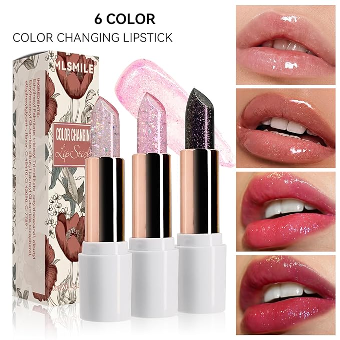 Purple Shimmer Lipstick,Ph Mood Magic Color Changing Lip Balm Plumping Glimmer Glow Lipstick Hydrating Lip Glow Oil Lasting Tinted Lip Balm Moisturizing Lips Care Temperature Jelly Lipstick(5#)-VivaGrace Women