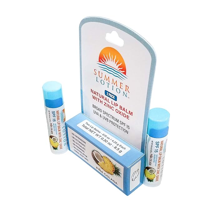 Natural Lip Balm with Zinc Oxide Sunblock by Summer Lotion, SPF 15 Lip Sunscreen 2-Pack, Water Resistant Chapstick, SPF Lip Protection for Everyone, (Pina Colada)-VivaGrace Women