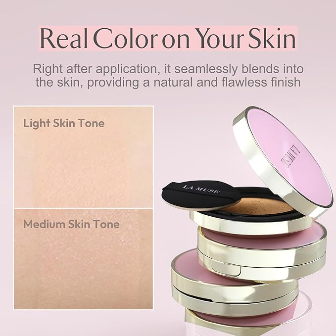 LA MUSE Complexion Correcting-Korean Cushion Foundation(2 Packs) | No Makeup Look, Daily Korean Makeup Foundation, Comfortable Wear | Natural Tone-Up Effect, Light to Medium Tones | For All Skin Types-VivaGrace Women