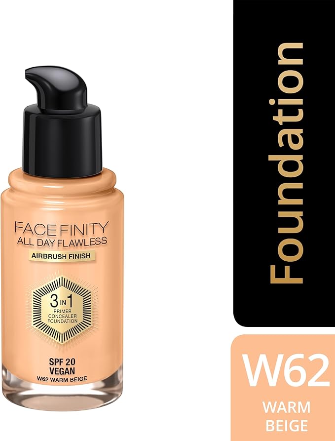 Max Factor Facefinity 3-in-1 All Day Flawless Liquid Foundation, SPF 20-62 Warm Beige, 30 ml-VivaGrace Women