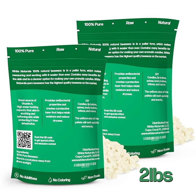 White Beeswax Pellets 2lb (1lb in Each Bag), Pure, Natural, Cosmetic Grade, Organic, Bees Wax Pastilles, 3X Filtered, Great For Soap Making, Candles, DIY Lip Balms, Sunscreen By White Naturals-VivaGrace Women