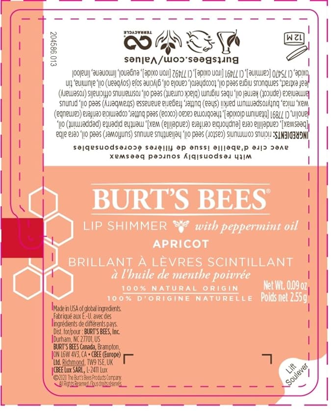 Burt's Bees Lip Balm, Moisturizing Lip Shimmer for Women, for All Day Hydration, with Vitamin E & Coconut Oil, 100% Natural, Apricot, 0.09 Ounce-VivaGrace Women