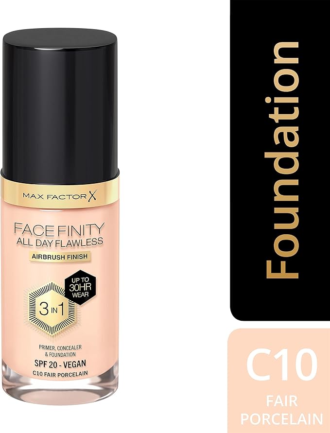 Max Factor Facefinity 3-in-1 All Day Flawless Liquid Foundation, SPF 20-10 Fair Porcelain, 30 ml-VivaGrace Women