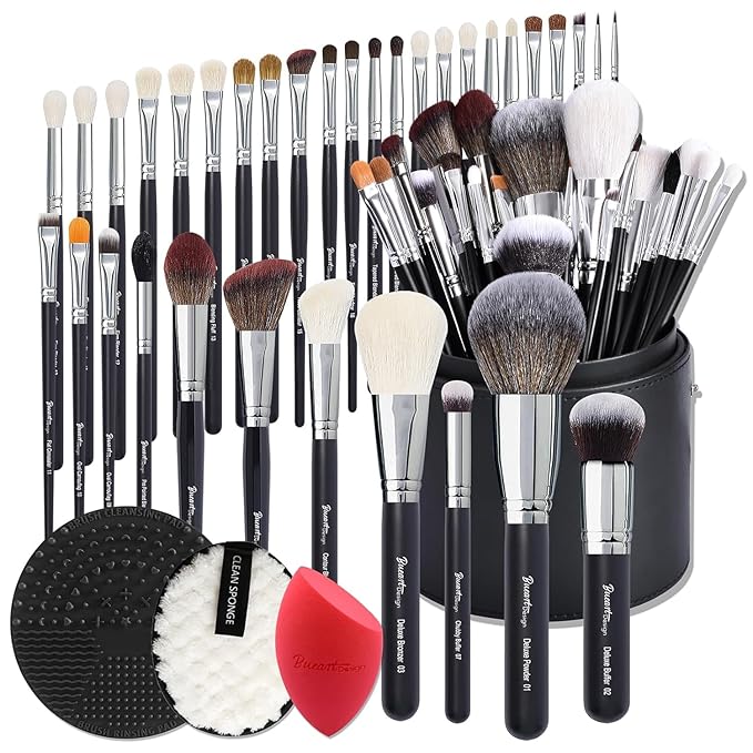 Bueart Design Pro makeup Artist 34Pcs Deluxe Real Goat Hair Horse hair Makeup Brushes Set with extra Large Holder High End Professional labeled makeup brush set with natural Pony Hair-VivaGrace Women