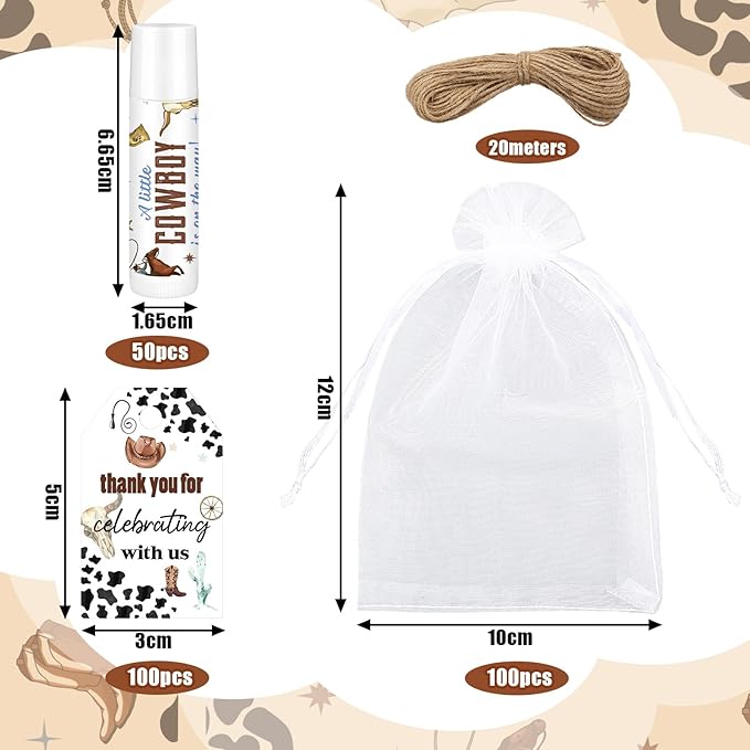 Demissle 50 Pcs Baby Shower Lip Balm Gift Set with 100 Pcs Organza Bags Baby Shower Party Favor for Guest Thank You Tag Rope Baby Shower Party Decoration Gender Reveal Souvenirs (Cowboy)-VivaGrace Women