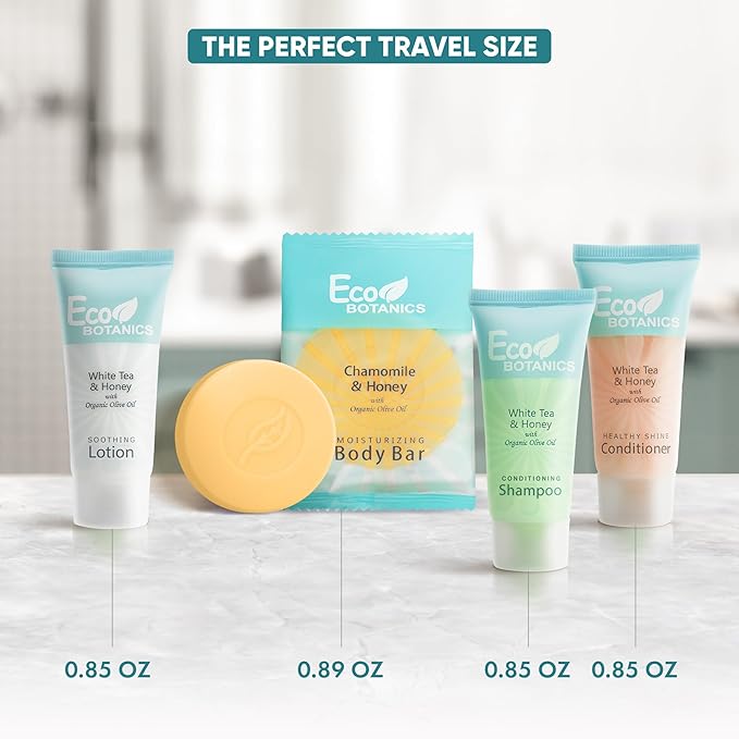 Eco Botanics Hotel Soaps and Toiletries Bulk Set | 1-Shoppe All-In-Kit Amenities for Hotels & Airbnb | 0.85 oz Hotel Shampoo, Conditioner & Lotion, 0.89 oz Bar Soap Travel Size | 200 Pieces-VivaGrace Women
