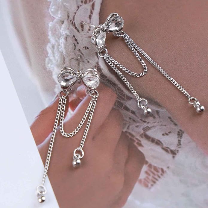Vintage Crystal Bow Earrings Rhinestone Chain Drop Earrings Silver Long Chain Dangle Earrings Long Tassel Chain Earrings Jewelry for Women-VivaGrace Women