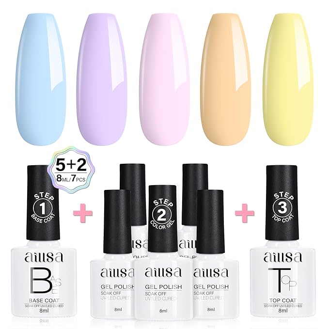 AILLSA Blue Gel Nail Polish Set Baby Blue Pastel Purple Yellow Macaron Gel Polish with Base and Top Coat, Long Lasting Summer Spring Color Soak Off U V L ED Manicure Art Salon DIY at Home 7Pcs 8ML