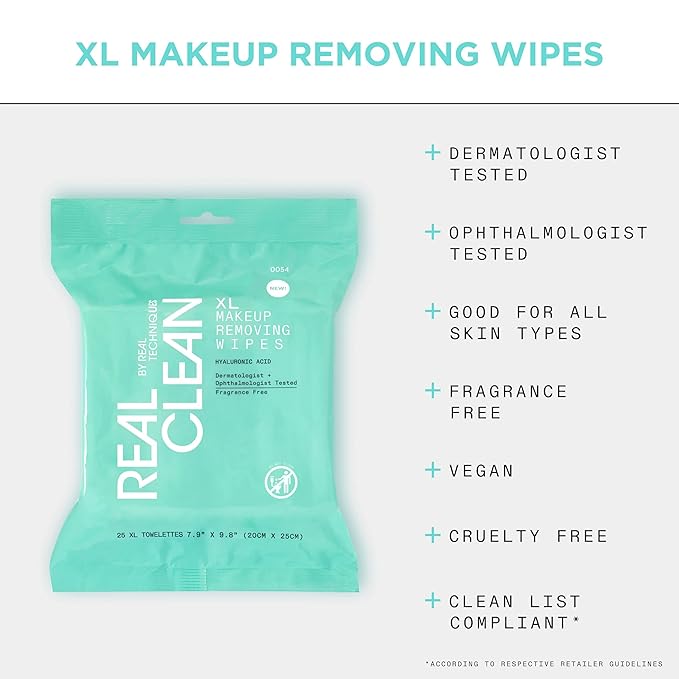 Real Techniques Real Clean XL Hydrating Facial Wipes, Infused With Hyaluronic Acid, Dual-Usage Cleansing Wipes Repair Skin & Gently Remove Makeup, Fragrance Free, 25 Count