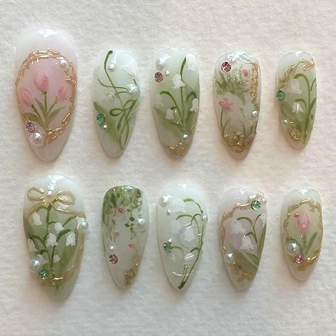 24Pcs Flower Press on Nails Medium Almond Fake Nails Green Leaf with White Flower Design Gilding Full Cover Artificial Glue on Nails Handmade False Nails Spring Summer Stick on Nails for Women DIY