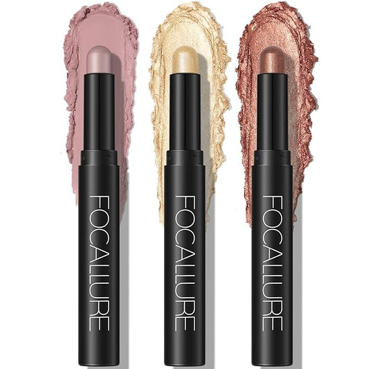FOCALLURE 3 Pcs Cream Eyeshadow Stick,Shimmer Eyeshadow Pencil Crayon,High Pigmented Crease-proof Eye Shadow Brightener Sets,Long Lasting Eye Shadow Highlighter Stick(Burning Sky)-VivaGrace Women