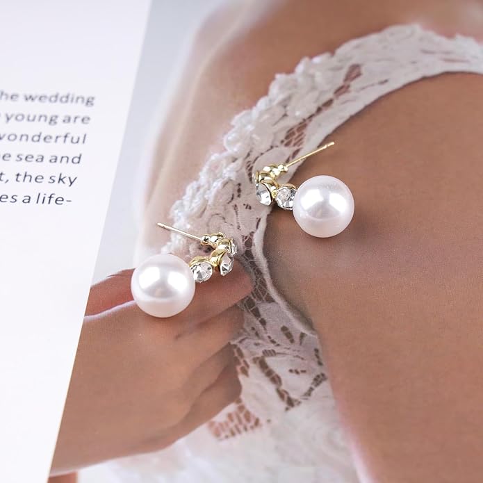 Vintage Rhinestone Pearl Drop Earrings Gold Pearl Dangle Earrings Crystal Stud Earrings Sparkly Cz Pearl Earrings Jewelry for Women-VivaGrace Women
