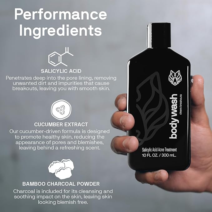 Black Wolf Skincare with Scrubber Gift Set for Men, Body Acne System - Shower Set with 10 Fl Oz, 3 Pack Charcoal Powder & Salicylic Acid for All Skin Types - Rich Lather for Coverage & Deep Clean