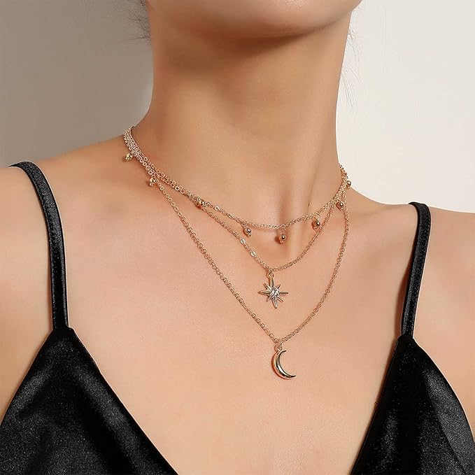 Bohemia Layered Star Choker Necklace Crescent Moon Pendant Necklace Chain Crystal Star Choker Necklace Gold Moon Necklace Jewelry for Women and Girls-VivaGrace Women
