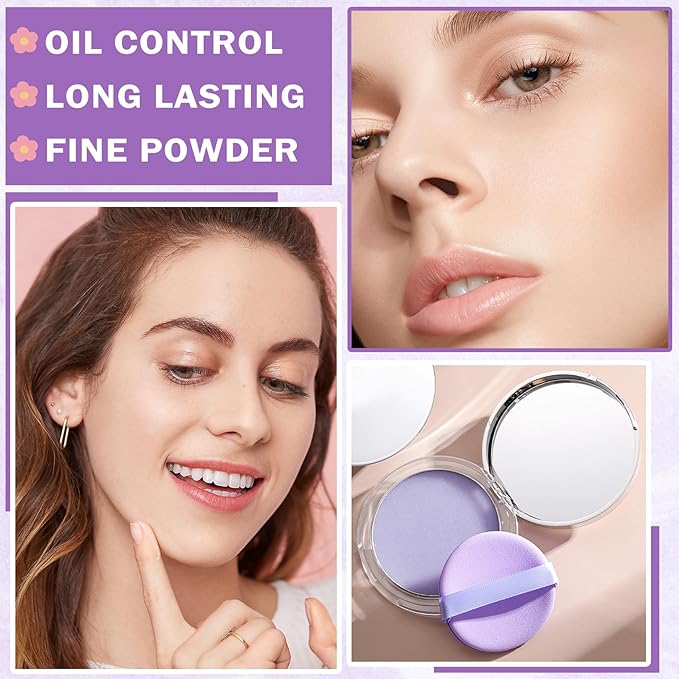 AIUEO Lavender Matte Setting Powder Sunscreen Powder Oil Control Blurring Pressed Powder Refreshing and Comfortable Purple Face Powder Makeup, Polvo Compacto De Maquillaje-VivaGrace Women