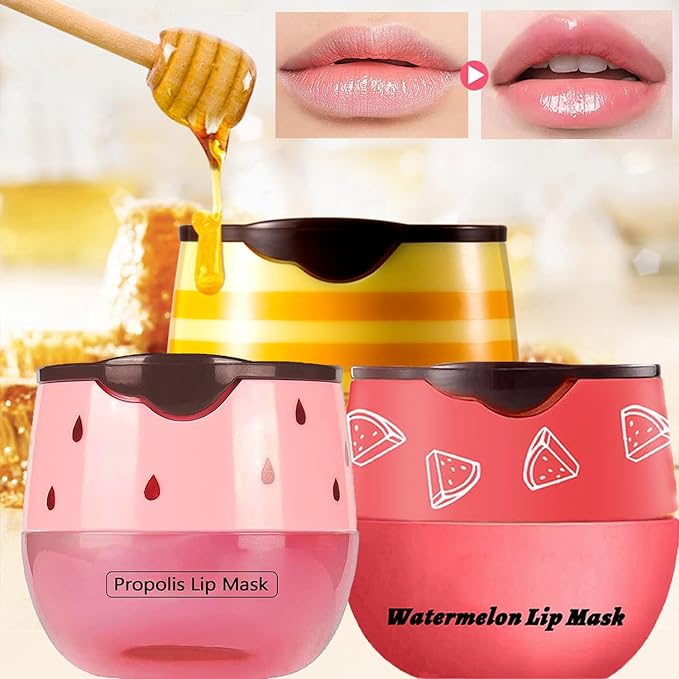 3PCS Bee Lip Balm Honey Pot,Honey Strawberry Watermelon Lip Mask Overnight Moisturizing Lip Balm,Hydrating Prevention Dry & Cracked Nourishing Sleeping Lip Mask (Honey+Strawberry+Watermelon)-VivaGrace Women