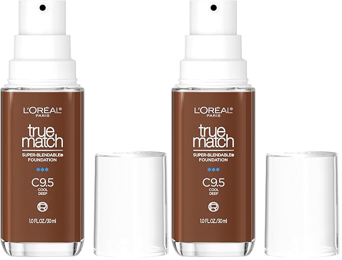 L'Oréal Paris True Match Super-Blendable Foundation, Medium Coverage Liquid Foundation Makeup with SPF 17, C9.5, Deep, 1 Fl Oz (Pack of 2)-VivaGrace Women