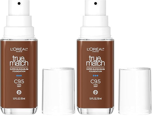 L'Oréal Paris True Match Super-Blendable Foundation, Medium Coverage Liquid Foundation Makeup with SPF 17, C9.5, Deep, 1 Fl Oz (Pack of 2)-VivaGrace Women