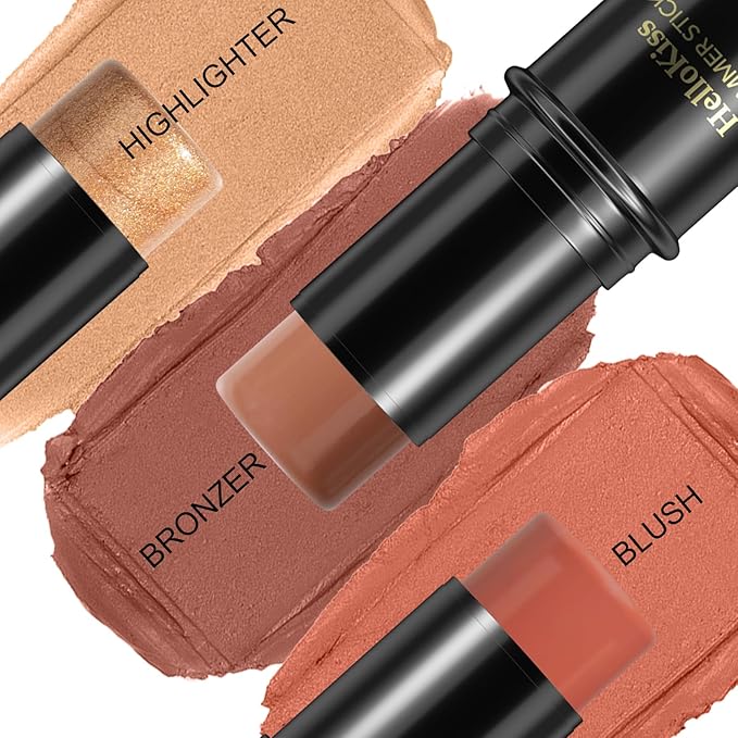 3 Pcs Face Contour Stick Kit, Matte Finish Face Stick Trio with Bronzer Blush Highlighter and Brush, Long Lasting Waterproof Cream Beauty Wand Makeup Set for Sculpt Glowing Face Look (#5, 6, 15)-VivaGrace Women
