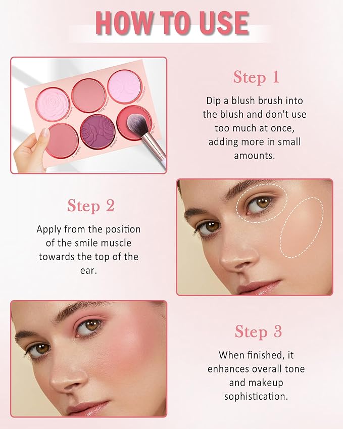 Matte Rose Face Blush Palette Kit with Brush-6 Colors Pink Purple Silky Mineral Blendable Blusher Contour Powder for Cheeks,Longlasting Facial Eyeshadow Beauty Cosmetic Makeup Gift for Women-Set 01-VivaGrace Women