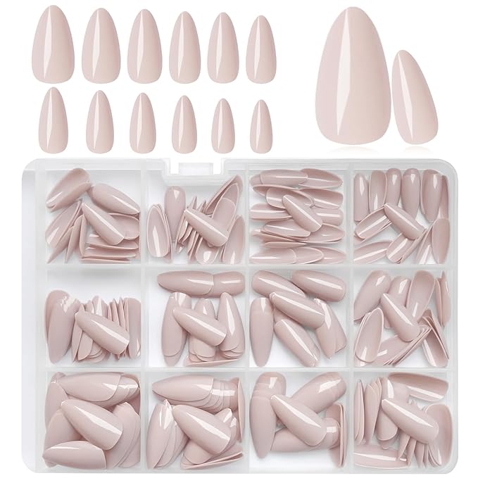 LoveOurHome 240pc Almond Press on Nails Medium Colored Fake Nail Tips Full Cover Artificial Fingernail French Stiletto Manicure with Adhesive Tabs for Women Girls Kids