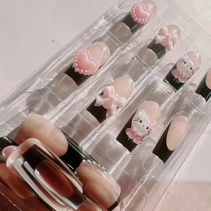 Cute Press on Nails Medium Long Black French Fake Nails Square Pink Glossy 3D Heart False Nail Tips Artificial Nails Finger Manicure for Women and Girls 24pcs