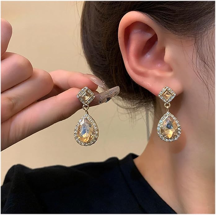 Vintage Crystal Teardrop Earrings Rhinestone Drop Earrings Sparkly Cz Teardrop Dangle Earrings Gold Square Gem Stud Earrings Jewelry for Women-VivaGrace Women