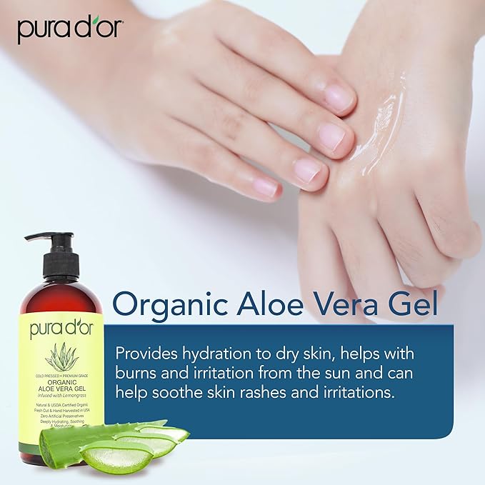 PURA D'OR 16 Oz ORGANIC Aloe Vera Gel - Lemongrass - All Natural - ZERO Artificial Preservatives - Deeply Hydrating & Moisturizing - Sunburn, Bug Bites, Rashes, Small Cuts, Eczema Relief - Skin & Hair-VivaGrace Women