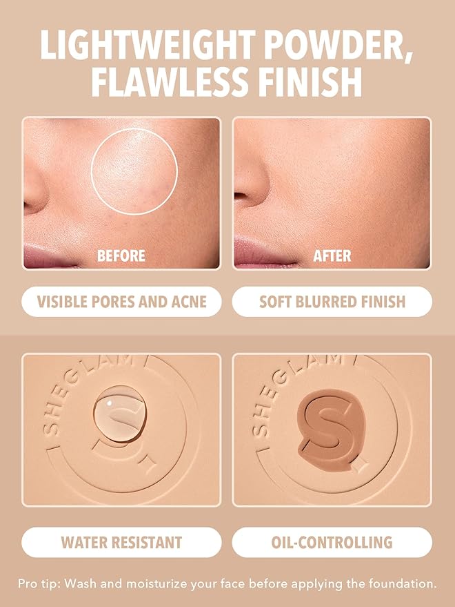 SHEGLAM SKin-Focus Full Coverage Powder Foundation Oil-Control Lightweight Face Pressed Powder Makeup-Walnut-VivaGrace Women