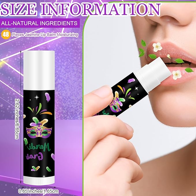 48 Pcs Mardi Gras Lip Balm Moisturizing Lip Balm Bulk Lip Balms and Moisturizers Wax Lip Cream Stocking Stuffers for Mardi Gras Party Favors Gift Baskets Women Men, Jasmine-VivaGrace Women