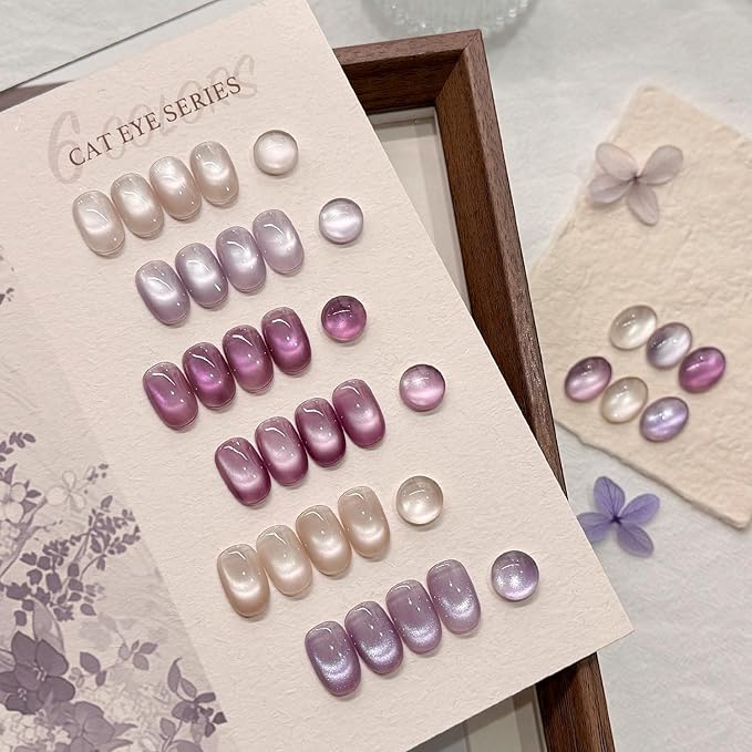 GAOY Cat Eye Gel Polish Kit with Magnet, 6 Colors Glitter Nail Polish Set, Summer Nail Art, Soak Off UV Cure Gel for DIY Manicure at Home and Salon, Purple Pink